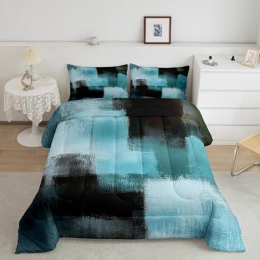 Imagem de jejeloiu Conjunto de cama abstrato, Queen, geométrico, para meninos, meninas, adolescentes, azul celeste, preto, respirável, macio, leve, conjunto de edredom de microfibra