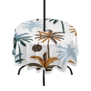 Imagem de CEBUGI Toalha de mesa redonda para uso ao ar livre, palmeira, impermeável, com furo Umberlla, capa de mesa lavável para pátio, cozinha, sala de jantar, 152 cm