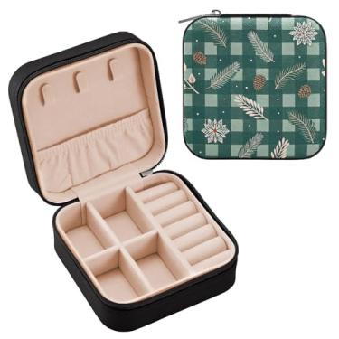 Imagem de Wassud Estojo de joias de viagem xadrez de Natal verde escuro para mulheres, meninas, senhoras, noiva, mini organizador de joias de couro PU, caixa quadrada de armazenamento de joias para brincos