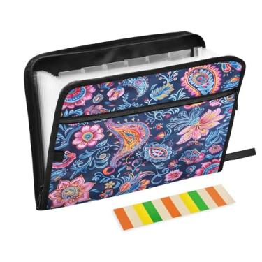 Imagem de Wassud Acordeão de padrão floral azul organizador de arquivos de papel A4 pastas de papel organizador de documentos com etiquetas pasta de arquivo expansível 13 bolsos