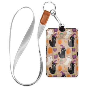 Imagem de Wassud Lindo porta-crachá de couro PU para gatos pretos com cordão, porta-cartão de identificação para trabalho, cordão de pescoço com compartimentos para cartões de crédito, funcionários, estudantes