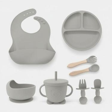 Imagem de Kit Refeição 8 peças Alimentação do Bebê SiliconeTalheres com Ventosa Canudo Babador Cata migalha