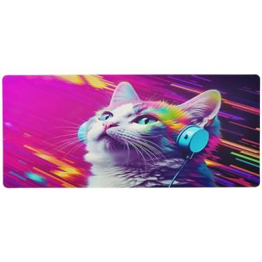 Imagem de Wassud Tapete de mouse Art Cat para jogos com base de borracha antiderrapante, mouse pad longo com borda costurada, almofada grande à prova d'água para escritório, casa, 80 cm x 39,9 cm