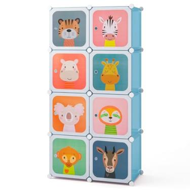 Imagem de Costzon Armário infantil, organizador de cômoda modular DIY com 8 cubos e suporte para pendurar roupas, armário portátil para bebês e crianças, guarda-roupa infantil para berçário de quarto, azul