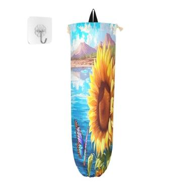 Imagem de xigua Suporte de parede para saco de plástico estilo girassol com cordão, pacote com 2, organizador de sacolas de compras reutilizáveis para bolsas, meias, roupas íntimas e gravatas