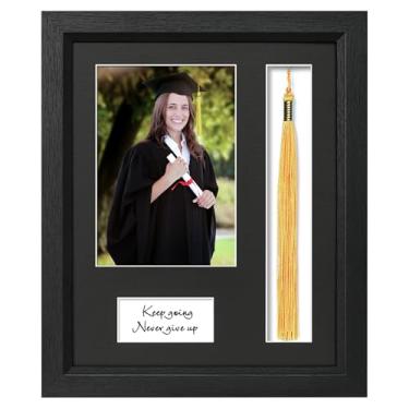 Imagem de Decobility Moldura de formatura de 22 x 28 cm com suporte de borla para foto de 12 x 18 cm, moldura de caixa de sombra com vidro real HD e tapete texturizado de linho preto, moldura para presente de