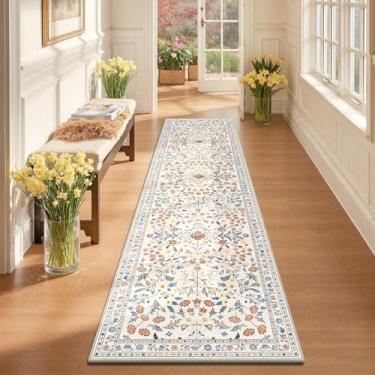 Imagem de Yamaziot Tapete de corredor lavável 5 x 20 – Tapete de corredor floral antiderrapante Boho com suporte de borracha, tapete envelhecido de pilha baixa para cozinha, lavanderia, quarto, entrada, bege