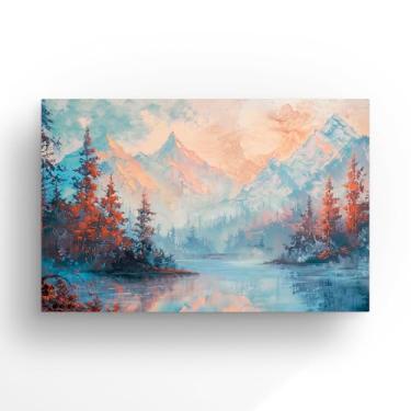 Imagem de Pintura em Tela Paisagem de Montanha, Arte Decorativa, Reflexo no Lago, Cores Turquesa e Coral, Estilo Impressionista 60x40