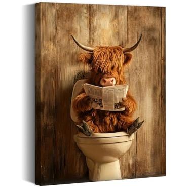 Imagem de Highland Cow Engraçado Tela de Banheiro Arte de Parede Gado Lendo Jornal no Vaso Sanitário Imagem Decoração de Parede Humor Rústico Marrom Bonito Animal Poster Impressão Arte para Banheiro Banheiro