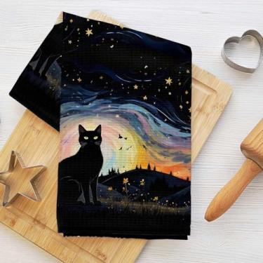 Imagem de Toalhas de cozinha misteriosas para gatos 61 x 35 cm, céu noturno estrelado waffle toalhas de mão para cozinha, casa de fazenda, pano de prato de microfibra absorvente, toalha de chá, presentes para
