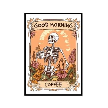 Imagem de Pôster vintage esqueleto manhã café engraçado caveira café arte de parede esqueleto gótico bebendo café arte para decoração de bar cozinha (SKU1,12 x 18 polegadas = (30 x 45 cm), moldura preta para
