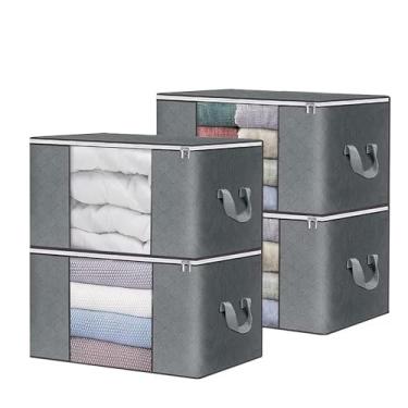 Imagem de Kit c/ 4 CAIXA Sacos Organizadores REFORÇADO de Roupas e Edredons – Visor Transparente, Zíper Forte, Alças Laterais, Dobrável, Empilhável – Ideal Closet, Cama, Brinquedos e Viagens (Kit c/4)