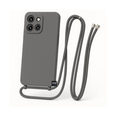 Imagem de Capa Case Capinha Para Motorola Moto G15 Silicone Com Cordão Alça De Pescoço Ajustável Veludo Premium (CINZA)