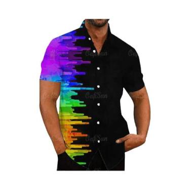 Imagem de Camisa Casual Vintage Havaiana Masculina Com Estampa Floral Arco-Íris 