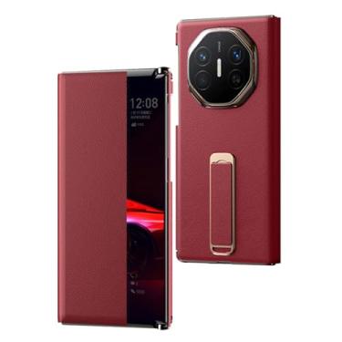 Imagem de FWYANZH Capa flip de couro para Huawei Mate XT/Xts, capa magnética com vista de janela inteligente, alça de mão, suporte ajustável, suporte de luxo, capa de couro bovino, vermelho, Mate XTs