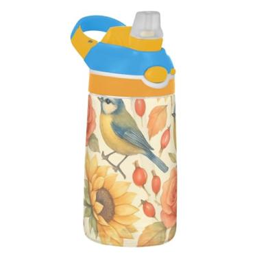 Imagem de Garrafa de água de 473 ml com canudo para crianças, meninas, meninos, 473 ml, garrafa de água esportiva à prova de vazamento, reutilizável, portátil, infantil, alça de transporte, pássaros em aquarela