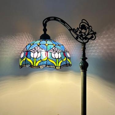 Imagem de Luminária de chão estilo Tiffany com vitral em arco, 30x45x160 cm, haste flexível ajustável, luminária de canto para leitura, decoração para quarto e sala de estar, Tulipa