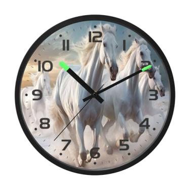 Imagem de SEHANY Relógio de parede artístico majestoso cavalos silencioso, sem tique-taque, relógio redondo operado por bateria, controle de som, luz noturna, relógios de parede para sala de estar, cozinha