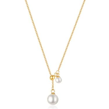 Imagem de Colar de gota de pérola para mulheres, estilo Lariat em forma de Y com pérolas brancas e detalhes de contas douradas, Large, Aço de titânio, Sem Pedra Preciosa