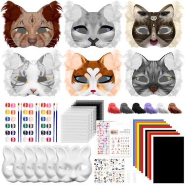 Imagem de Blurap Kit de máscara Therian de 111 peças, máscaras de gato de Halloween para pintar máscaras peludas, kit de fabricação de máscara de cauda de Therian, base de gato em branco para adesivos luminosos