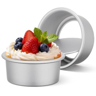 Imagem de Beasea Forma de bolo de 10 cm, pacote com 2 mini formas redondas de liga de alumínio com fundo removível, molde de lata de cheesecake para assar forno