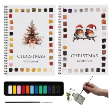 Imagem de 2 peças de caderno de exercícios aquarela, conjunto de aquarela de viagem, livros de pintura em aquarela, kit de livros de pintura com conjunto de tinta aquarela de 12 cores e pincel (flores e