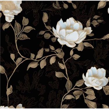 Imagem de Laatse Papel de parede floral preto dourado para contato com flores 44,5 cm x 500,4 cm papel de parede autoadesivo à prova d'água vintage floral escuro para decoração de armário de prateleira