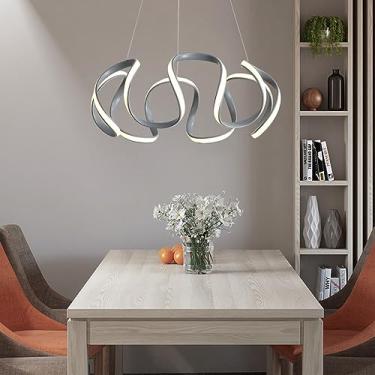Imagem de Luminária pendente LED para mesa de jantar, com intensidade regulável, giratória e com controle remoto, em alumínio dourado, estilo lustre, altura ajustável (cinza, 48 cm de comprimento).