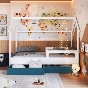 Imagem de Cama Infantil Montessoriana Com Gavetões Inferiores Branco/Azul Secreto