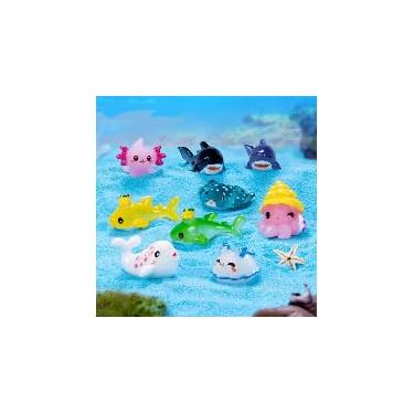 Imagem de 9 peças de estatuetas de animais marinhos de desenho 3D fofo mini conjunto de tubarão polvo baleia para mini paisagem, aquário de peixes, decoração de mesa, multicolorido