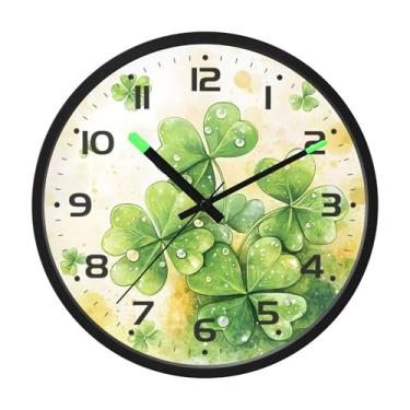 Imagem de SEHANY Relógio de parede Green Clover, silencioso, sem tique-taque, relógio redondo operado por bateria, controle de som, luz noturna, relógios de parede para sala de estar, cozinha, quarto