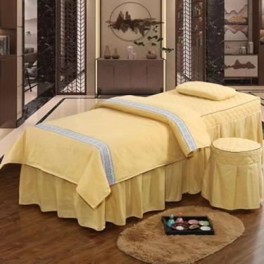 Imagem de Lençol de mesa de massagem, 4 peças, para salão de beleza, macio, respirável, fisioterapia, spa, salão de beleza, cor sólida, lençol com elástico para massagem com furo facial, roupa de cama - amarelo