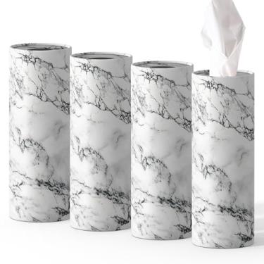 Imagem de Conjunto de 4 peças de caixa de lenços de papel de mármore branco redondo para carro - tubos de viagem brancos de mármore para carro com 50 folhas de recipientes de toalha de rosto cilíndricos |