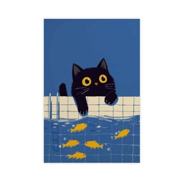 Imagem de Impressão artística de parede de gato preto fofo com peixe dourado, pôster em tela com ilustração de animal peculiar, pôster contemporâneo moderno 30,5 x 45,7 cm sem moldura
