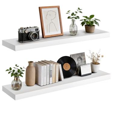 Imagem de ABSWHLM Prateleira de parede flutuante 91 x 17 x 4 cm – Prateleira de madeira maciça com acabamento branco – Prateleira de exibição rústica resistente montada na parede para sala de estar, cozinha