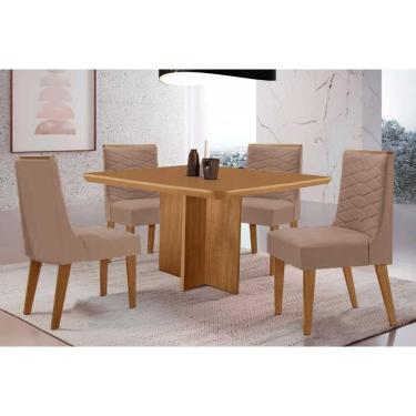 Imagem de Sala Jantar Mesa Berlim Tampo Curvo 90cm+4 Cadeiras Maldivas Madeira Naturale - Capuccino/Suede Capuccino - Rufato