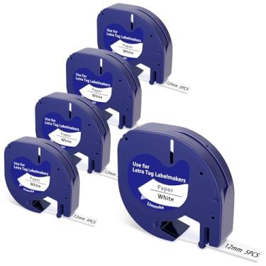 Imagem de BOYEEZON Fita de etiqueta de substituição compatível para DYMO LetraTag Refis 91331 Fita de etiqueta de plástico branco 12 mm x 4 m (1/2" x 13') para rotulador DYMO LT-100T LT-100H LT-110T QX50, preto sobre branco, pacote com 5