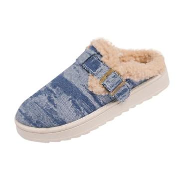 Imagem de Pantufas femininas estilo inverno cor sólida plus veludo quente bico redondo fundo grosso, adequado para várias ocasiões, Azul-royal escuro, 36