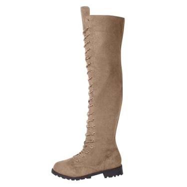 Imagem de Botas longas femininas de salto baixo, bico redondo, cadarço, zíper lateral, camurça, 3,0 cm, salto outono, inverno, Caqui, 38