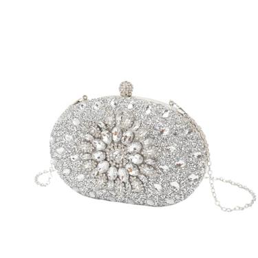 Imagem de KKFAUS Bolsa feminina de mão de girassol moderna bolsa clutch com corrente de diamante, Prata, One Size