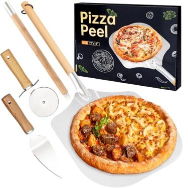 Imagem de Conjunto de casca de pizza, espátula de pizza inoxidável de 30,5 x 35,5 cm com cabo de madeira destacável, com descascador de metal e cortador basculante, para assar pizza、pão em fornos de pizza ao ar