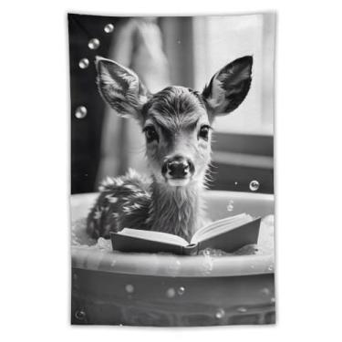 Imagem de Tapeçaria de leitura de cervo bebê na banheira preto branco bolhas cena adorável arte animal pendurar na parede decoração de casa caprichosa para banheiro, sala de estar, ambiente lúdico, tapeçaria de