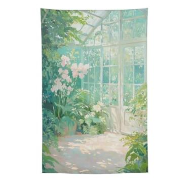 Imagem de Tapeçaria de orquídea com efeito de estufa de primavera, pintura a óleo floral para jardim interno, decoração de plantas exuberantes para sala de estar, quarto, fresca, sazonal, natureza, arte, acento