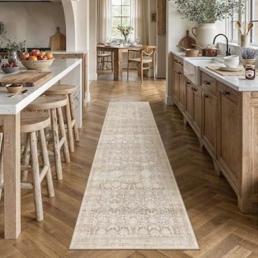 Imagem de WondRg Tapete de corredor neutro lavável 2x10 bege para sala de estar floral antiderrapante corredor baixo interior vintage tradicional resistente a manchas tapete envelhecido cozinha quarto sala de