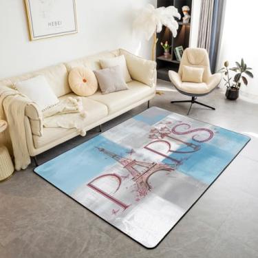 Imagem de Erosebridal Tapete de piso interno da Torre Eiffel, tapete geométrico azul e cinza, tapete de área impressa de paisagem urbana de Paris, tapete decorativo de edifício de cidade francesa para quarto e