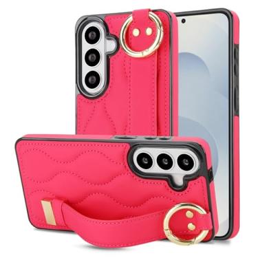 Imagem de Capa para Samsung Galaxy S26 com alça de pulso, elegante capa de telefone traseira de couro acolchoado para mulheres, capa protetora à prova de choque fina com suporte e anti-impressão digital (rosa
