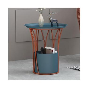 Imagem de Mesa de centro redonda de metal moderna com cesta de armazenamento, mesa lateral para uso multifuncional interno e externo, mesa de cabeceira para sala de estar, quarto, berçário, lavanderia simples