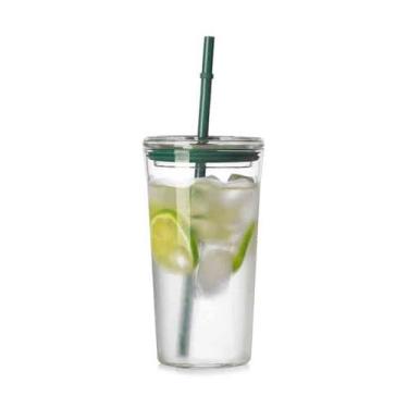 Imagem de Copo de vidro transparente de 590 ml com tampa e canudo, vidro borossilicato de alta capacidade para suco de água, gelo, chá e bebidas
