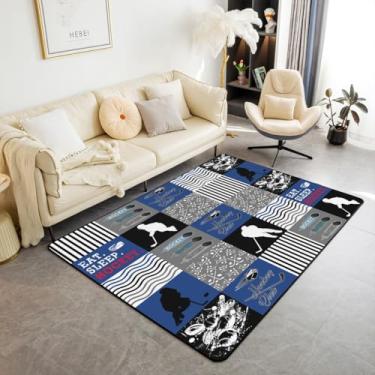 Imagem de jejeloiu Tapetes de sala de estar de hóquei no gelo para quarto para crianças, meninos, meninas, tapete decorativo de jogador de hóquei, macio, azul e cinza, tapete para uso interno, tema esportivo