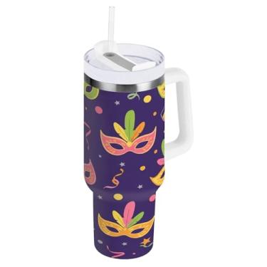Imagem de Blueangle Copo isolado de máscara de carnaval de 850 g com alça e tampa de palha, caneca de viagem reutilizável de aço inoxidável (918)